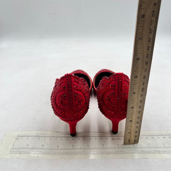 XYD Red Pointed Toe D\'Orsay Kitten Low Heel Rhinestone Studs Slip-On Pumps main image 2